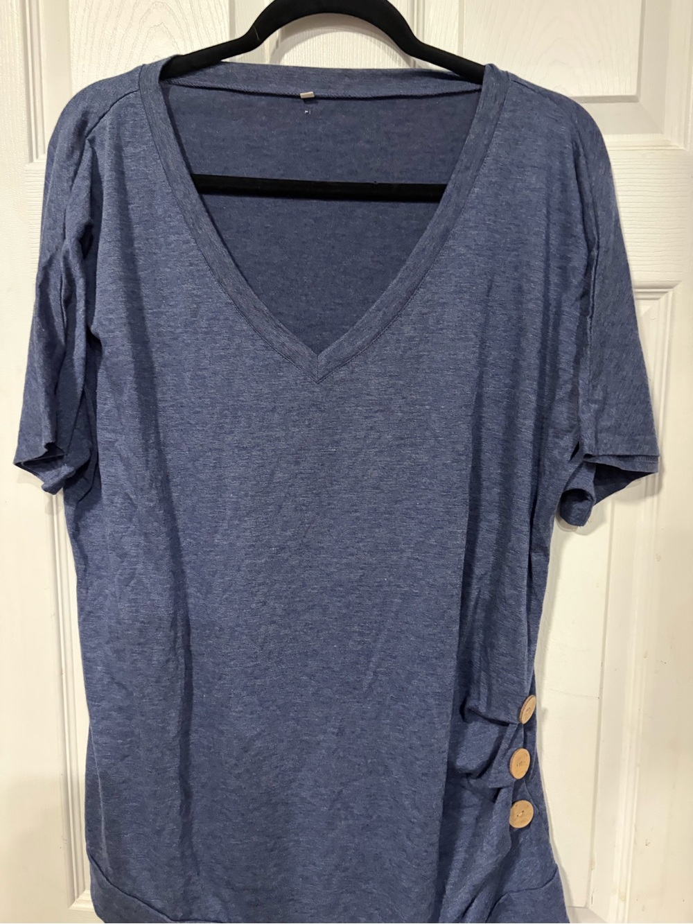 Women's Blue V-Neck Short Sleeve Top with Side Button Detail